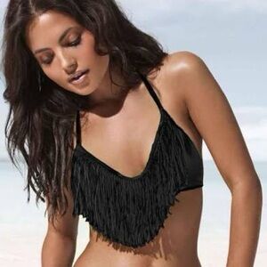 L*Space Audrey Fringe‎ Bikini Top Black Sz S Boho Festival Swim Halter Triangle